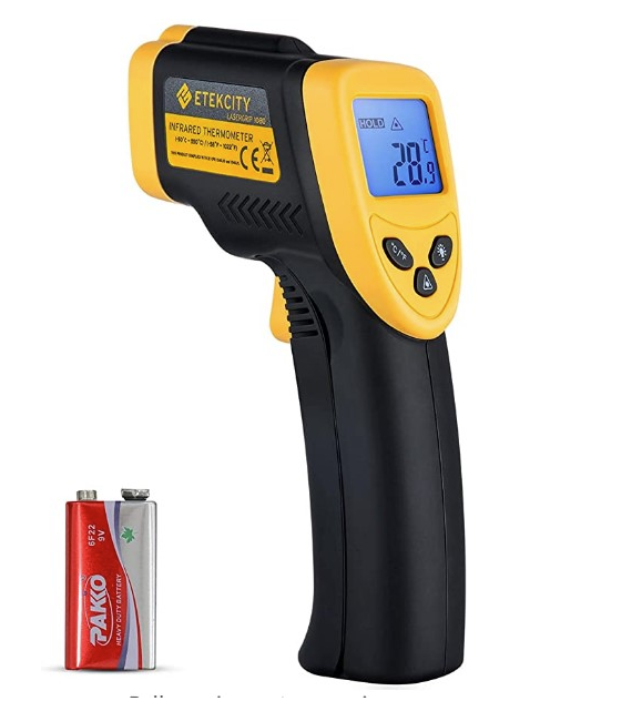The infrared temperature gun purchased from Amazon to monitor the griddle's surface temp